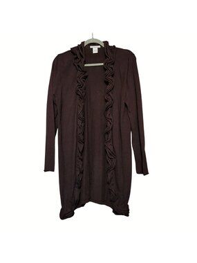 Long Dark Purple Open Front Cardigan Ruffled Collar Ruffled Trim Size M
